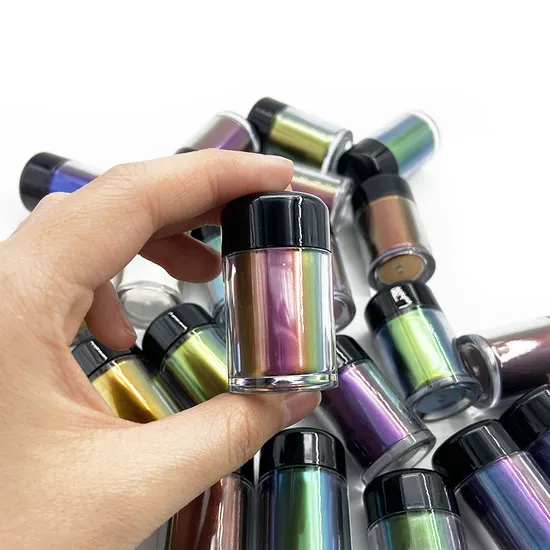 Optically variable pigment color-shift bottles showing angle-dependent chameleon effect