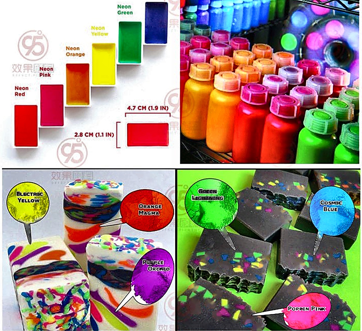 Fluorescent neon powder in soaps, paints and crafts
