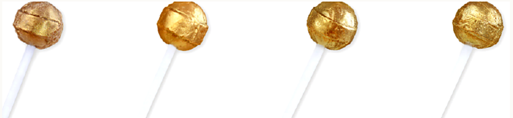 Gold series pearl pigment on lollipops — Gold Satin, Pure Gold, Flash Gold, Sparkle Gold effect comparison