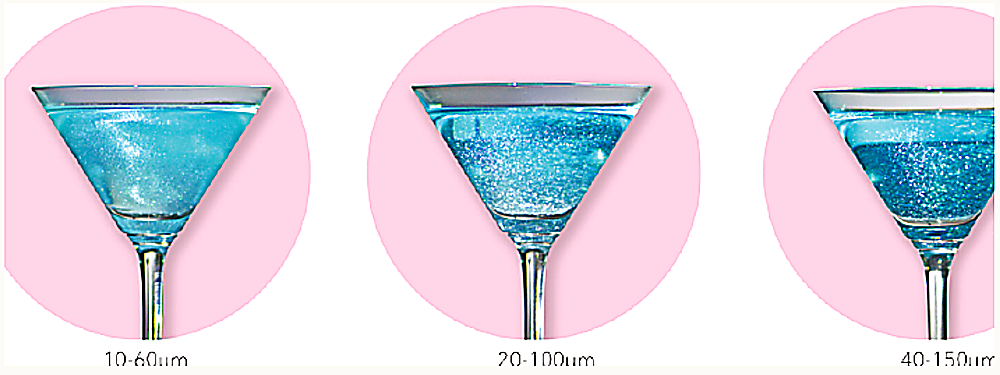 Silver Texture series — effect comparison in blue cocktail (Nacreous White, Irradiant White, Dazzling Stars)