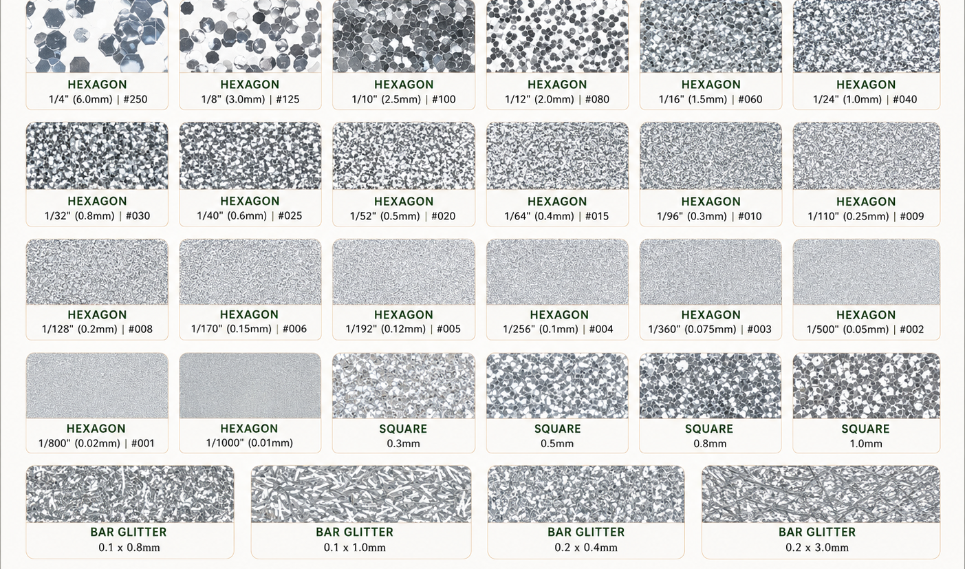Glitter particle size guide - hexagon, square and bar glitter sizes from 1/4 inch to 0.01mm