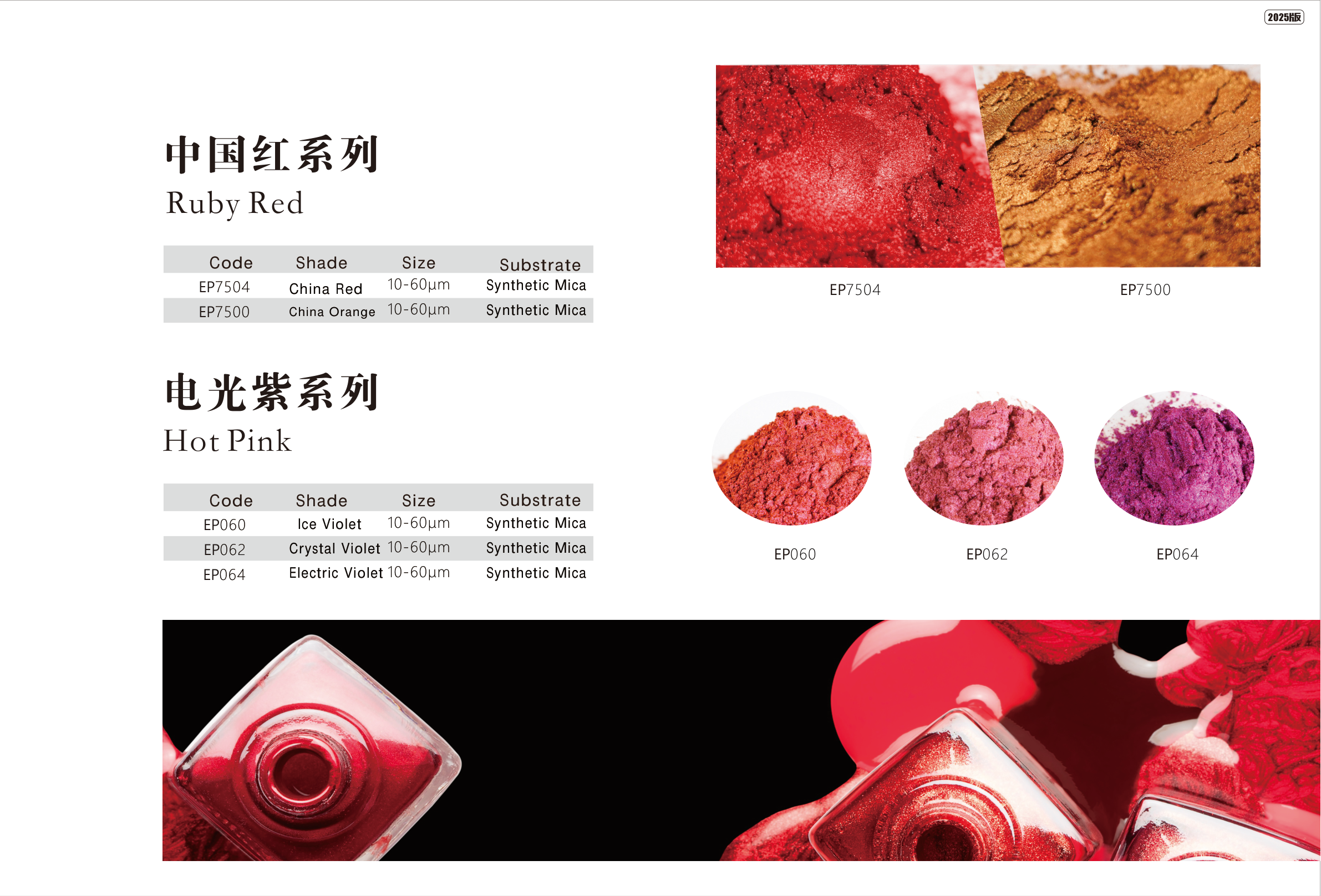 Ruby Red & Hot Pink Series color chart and product datasheet
