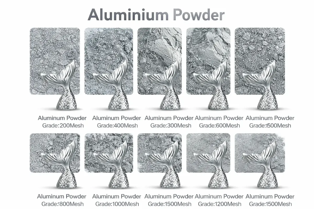Aluminium powder mesh grades from 200 mesh to 1500 mesh shown on silver fishtail samples