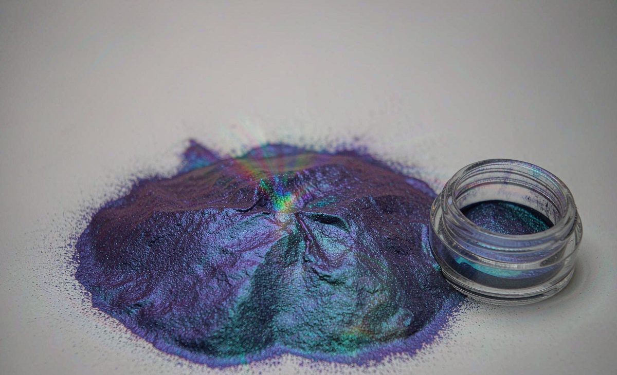 Violet-blue-green color-shift chameleon pigment powder with a small glass jar — photochromic and thermochromic effect pigments